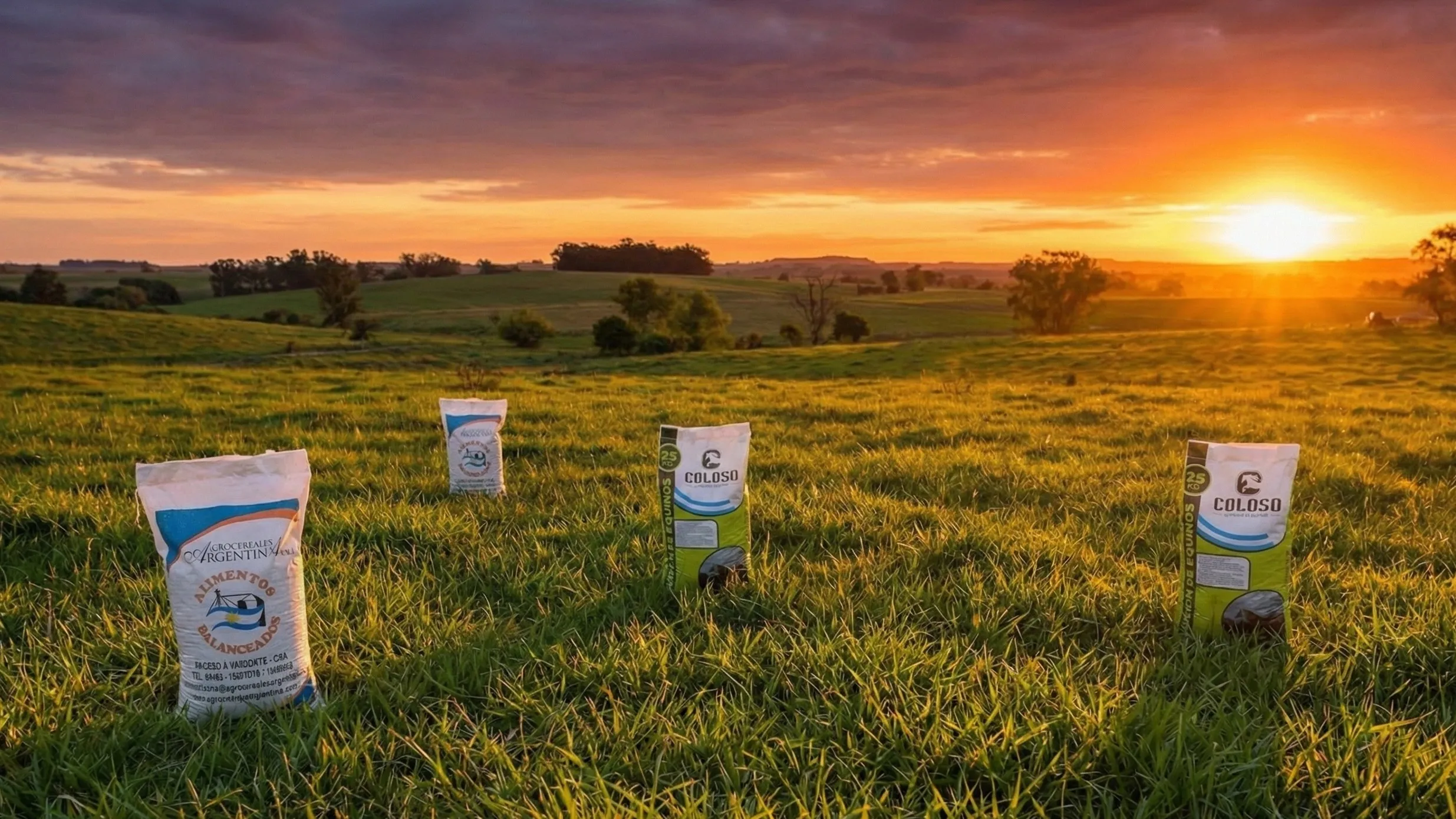 Bolsas de alimento balanceado Agrocereales y COLOSO en el campo al atardecer